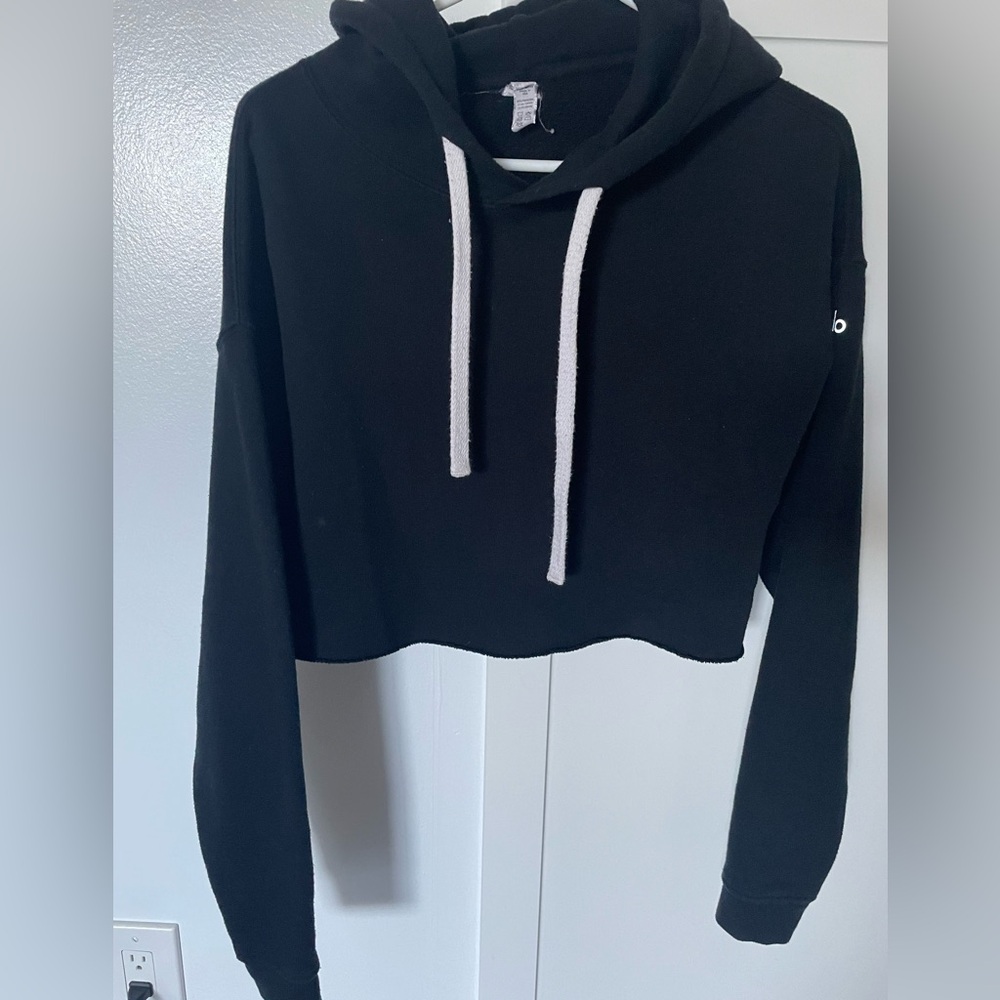 ALO Yoga Cropped Black Hoodie with White Drawstrings